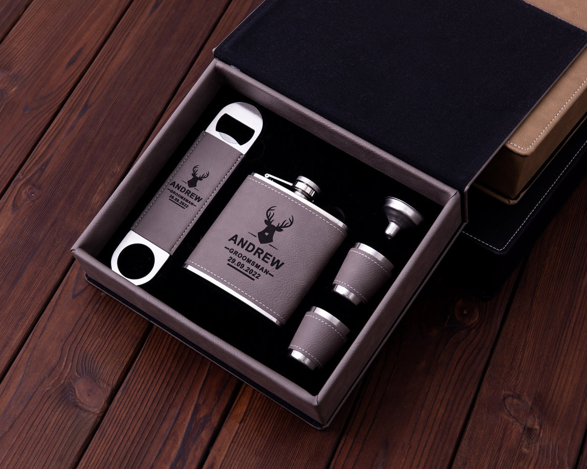 Personalized Flask & Bottle Opener Leather Gift Box Set - photo 2