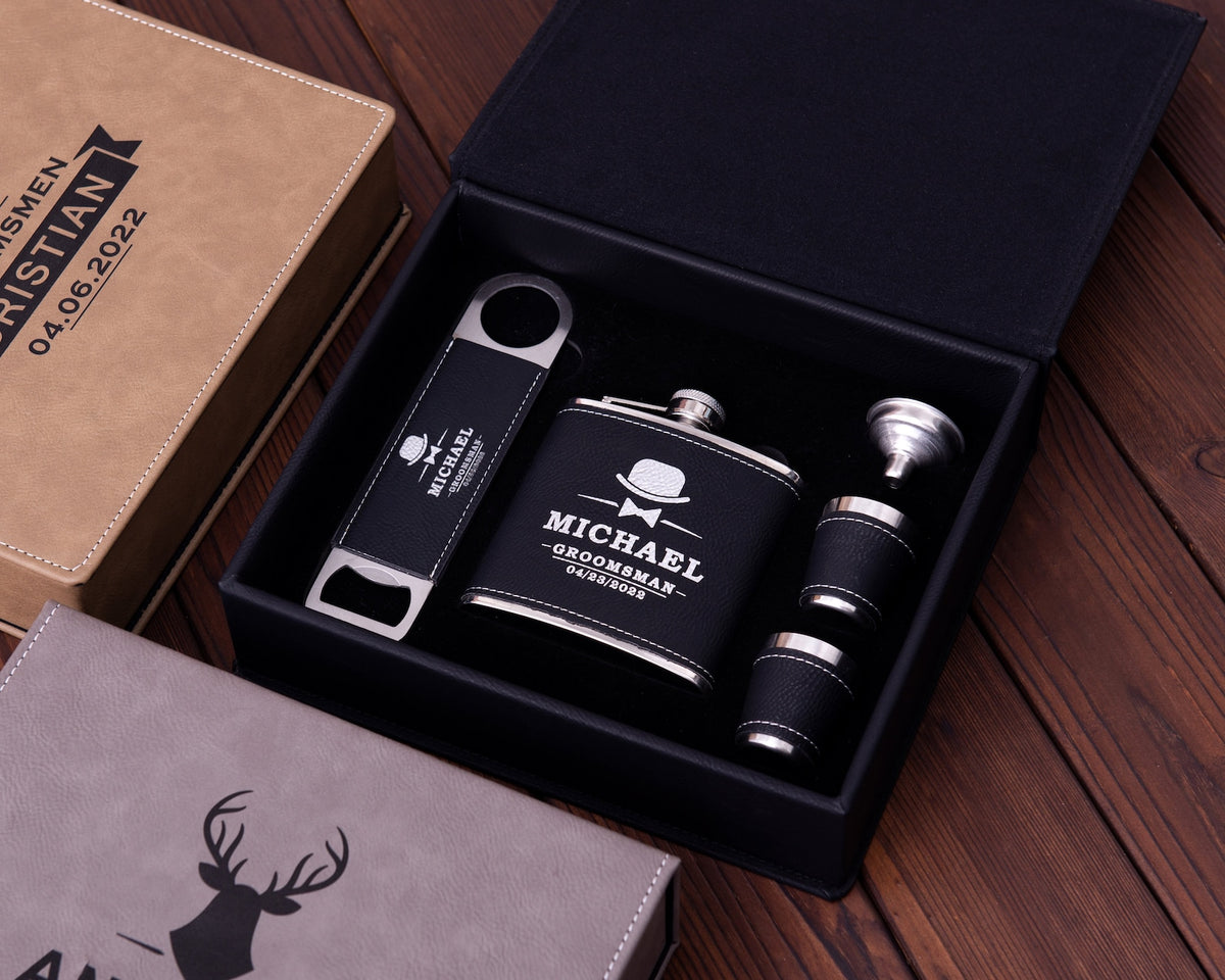 Personalized Flask & Bottle Opener Leather Gift Box Set - photo 3