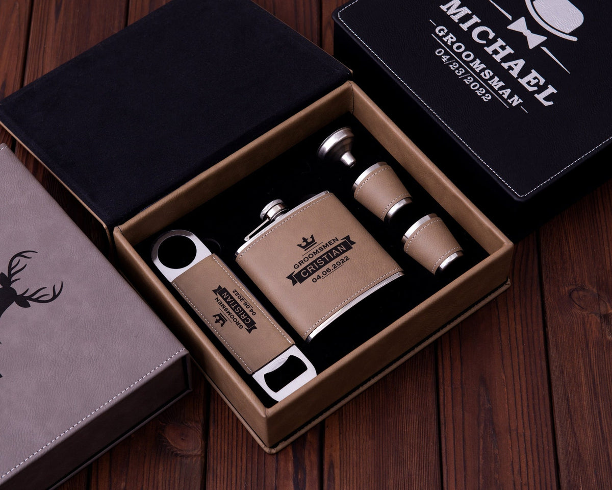 Personalized Flask & Bottle Opener Leather Gift Box Set - photo 1