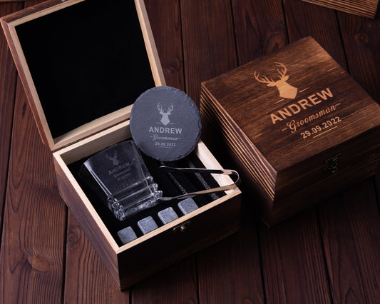 Personalized Whiskey Glass Gift Set with Stones & Wooden Box - photo 1