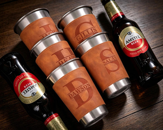 Personalized 14oz Beer Cup with Leatherette Holder - photo 1