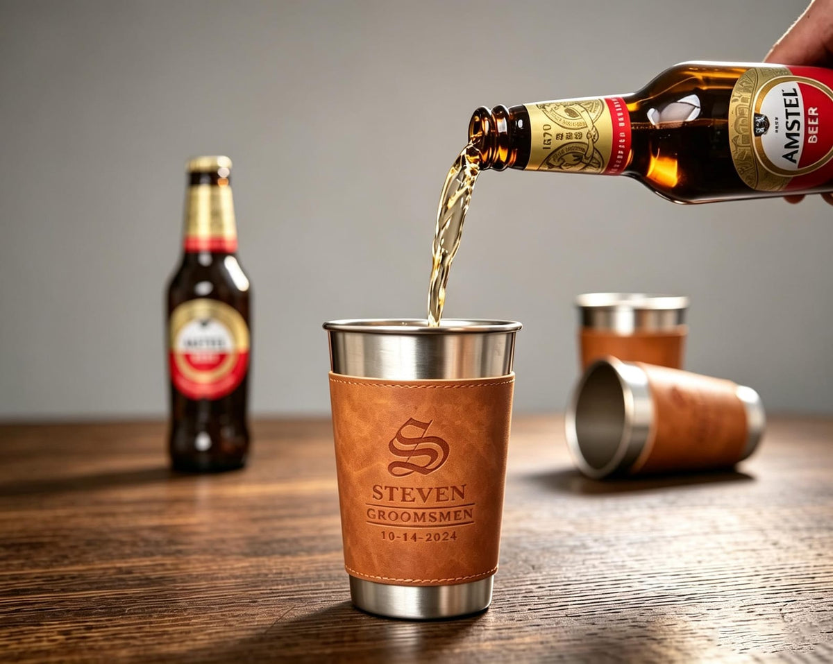 Personalized 14oz Beer Cup with Leatherette Holder - photo 2